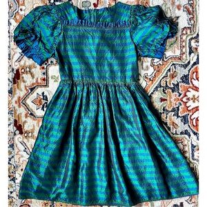 Vintage 90s Girls Party Dress Striped Green Blue Puff Sleeves Size 10